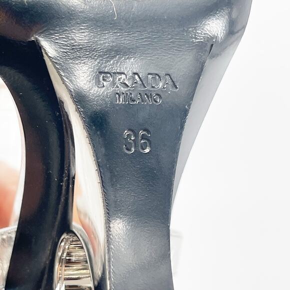 Prada Metallic Silver Leather Heart Cutout Wedge Ankle Strap Sandal size IT 36 - Picture 13 of 16